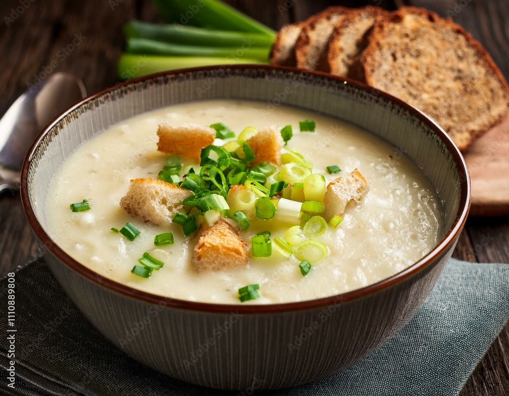 Close-up of Norwegian creamy potato and leek soup (potet- og purreløksuppe) served with bread Close-up of Norwegian creamy potato and leek soup (potet- og purreløksuppe) served with bread