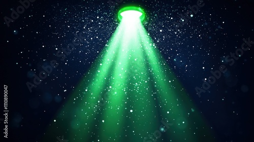 Intense upward-shining green light beam illuminates fine particles in the darkness, suitable for UFO or mystery background graphics in marketing.