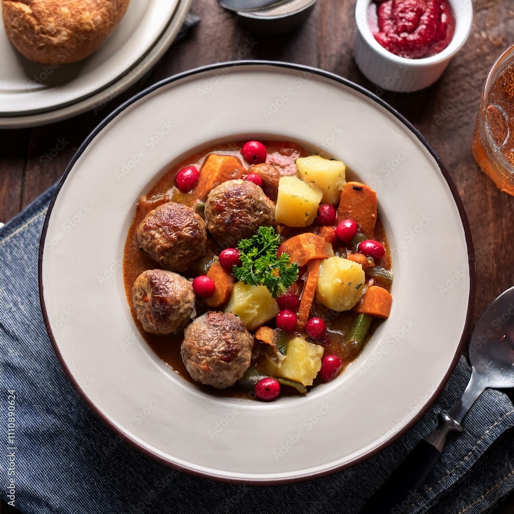 Norwegian root vegetable casserole (rotmos) with a side of meatballs and lingonberry sauce Norwegian root vegetable casserole (rotmos) with a side of meatballs and lingonberry sauce