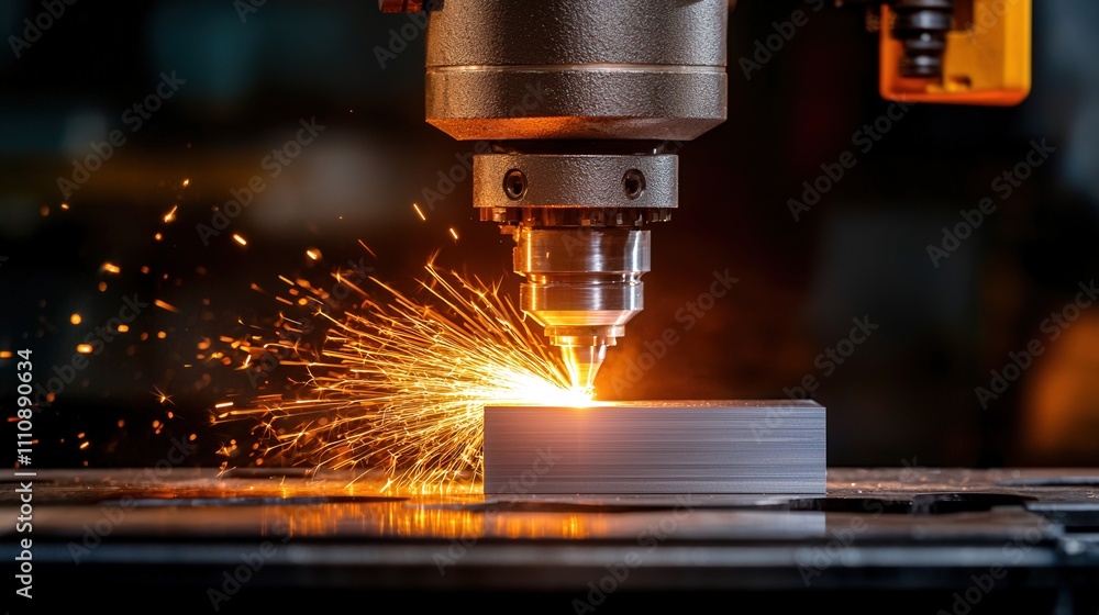 Industrial, Manufacturing, Raw materials. Precision machining with sparks flying from a metal surface. Industrial, Manufacturing, Raw materials. Precision machining with sparks flying from a metal surface.