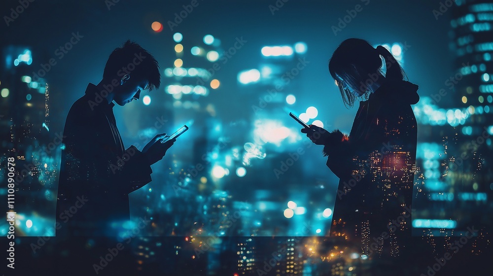 Obraz premium A couple on opposite sides of a bustling city, each holding their phones, connecting and sharing virtual love through their screens. The city lights, romantic ambiance, modern virtual love