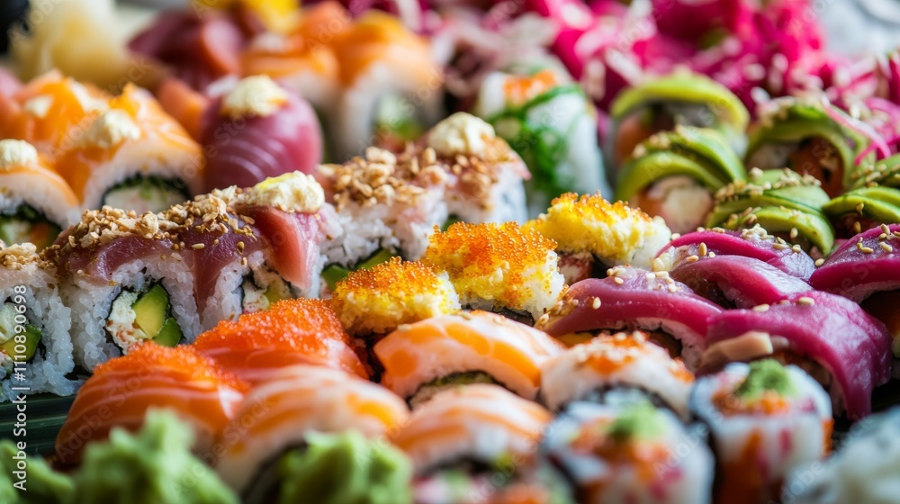 Photo of, A colorful array of sushi rolls including rainbow rolls, spider rolls Photo of, A colorful array of sushi rolls including rainbow rolls, spider rolls