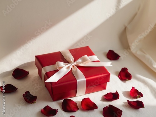 Wrapped red gift box with a bow and scattered rose petals. photo