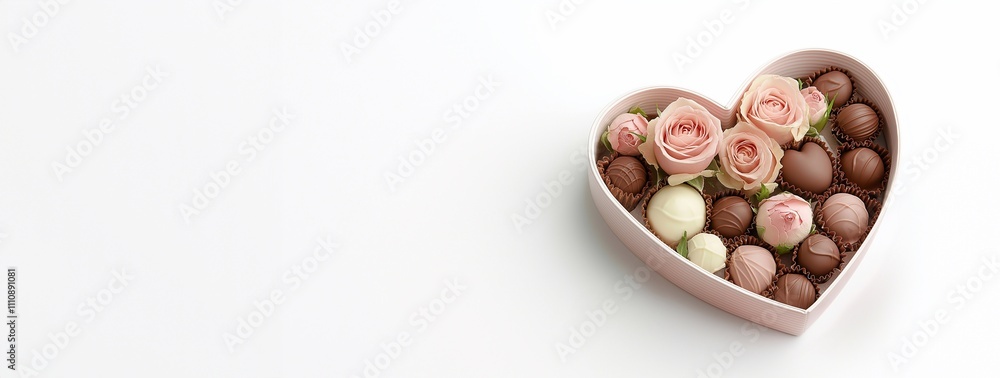 A heart-shaped box filled with assorted milk chocolates by fresh pink roses and a delicate pink ribbon on a minimalistic white background, romantic sophistication, tasty sweet treats, Valentine’s day A heart-shaped box filled with assorted milk chocolates by fresh pink roses and a delicate pink ribbon on a minimalistic white background, romantic sophistication, tasty sweet treats, Valentine’s day