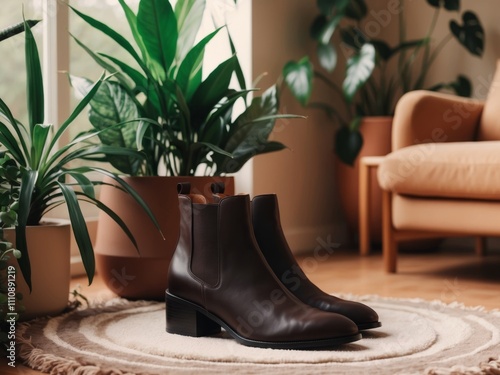 Warm and Inviting Indoor Setting Featuring Stylish Brown Boots on a Cozy Rug Surrounded by Lush Green Plants and Soft Natural Light Streaming Through Windows. photo