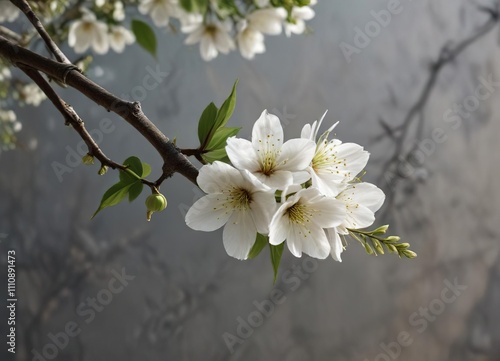 A single white sakura flower on a bare branch with a few leaves and green stems, natural surroundings, cherry blossoms branch, blossom closeup photo