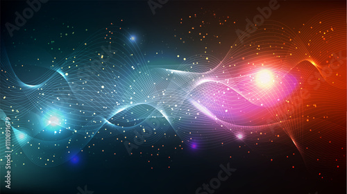 Particle flow dynamic background. Glowing waves of data connection ai with high speed neon shiny dust. Glitter star sparks and streak mesh swirls in dark space. Golden shimmer wireframe trail texture