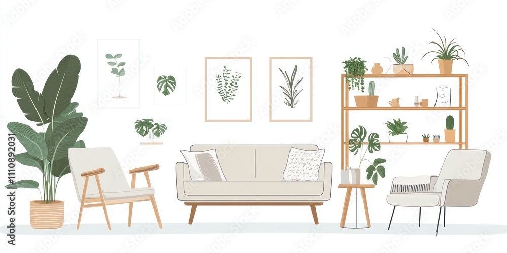Fototapeta premium Cozy living room with beige sofa, armchairs, wooden shelving unit, and various potted plants.