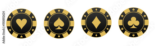 Golden poker chips icons vector set, gambling tokens with suits for poker, online casino gambling, spades hearts diamonds clubs