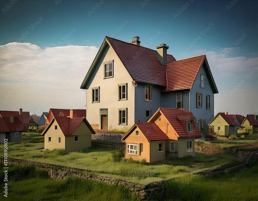 Miniature wooden house with bright red roof is standing on a green grassy hill under cloudy sky Miniature wooden house with bright red roof is standing on a green grassy hill under cloudy sky