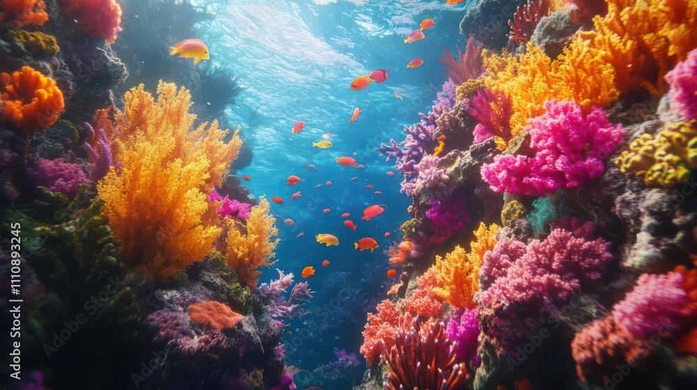 Naklejka premium Create a breathtaking Visualization of an Underwater Coral Reef teeming with life, showcasing the beauty and complexity of marine ecosystems through detailed CG 3D rendering