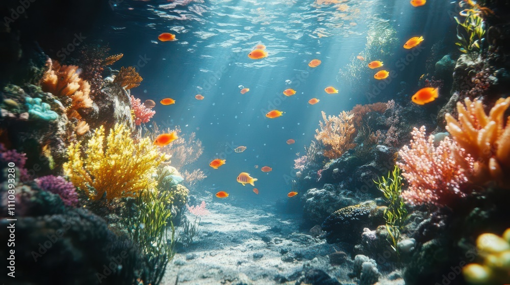 Fototapeta premium Create a breathtaking Visualization of an Underwater Coral Reef teeming with life, showcasing the beauty and complexity of marine ecosystems through detailed CG 3D rendering