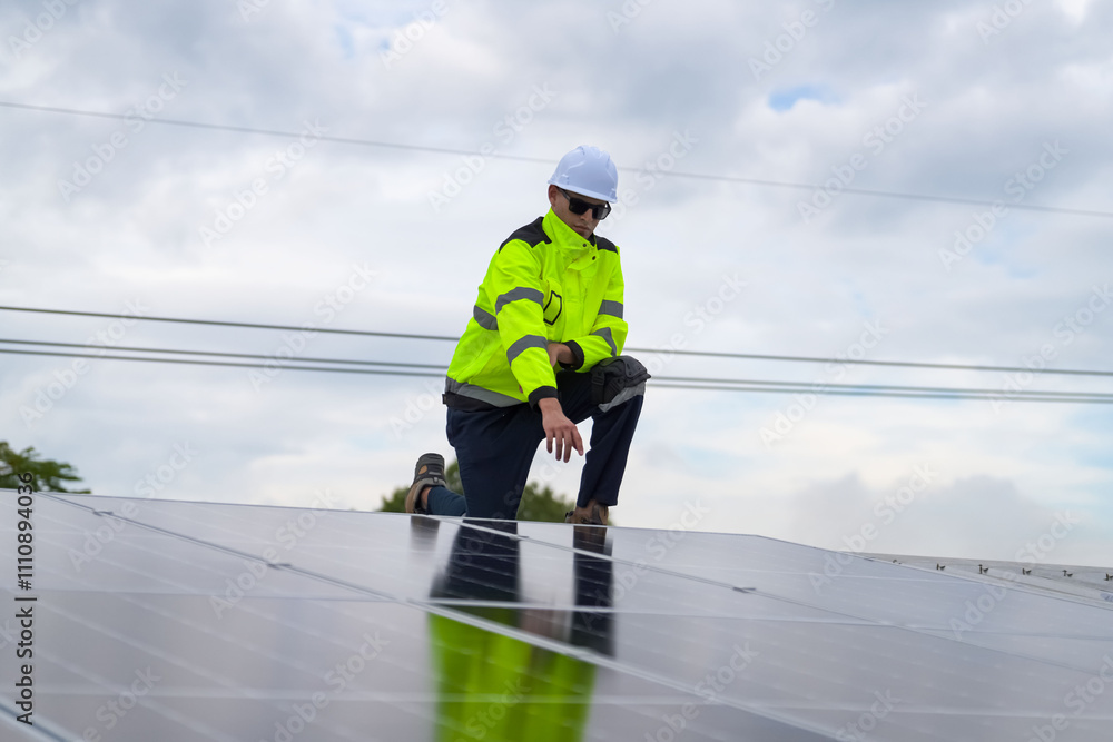 Men technicians mounting photovoltaic solar moduls on roof of house. Men technicians mounting photovoltaic solar moduls on roof of house.