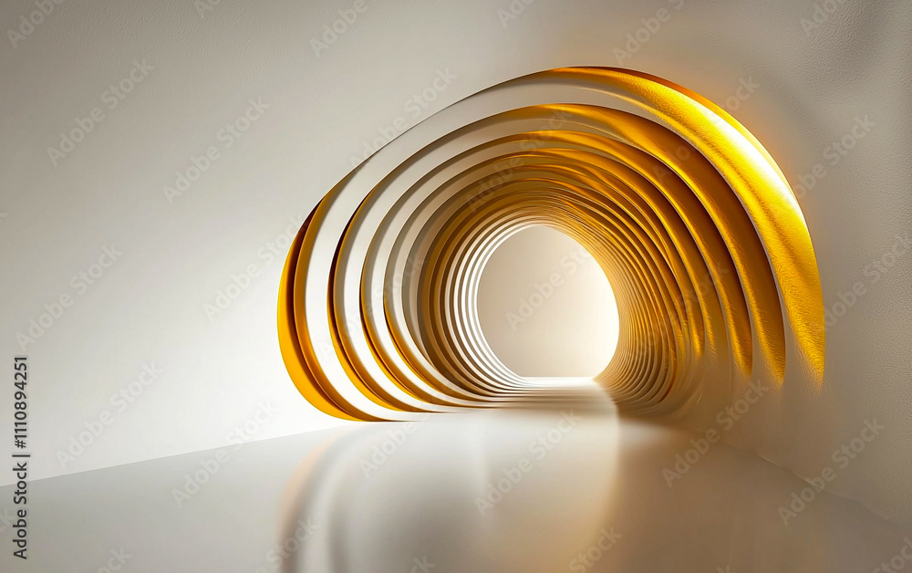 Obraz premium Abstract golden tunnel design featuring layered, curved structures with a glowing light at the center