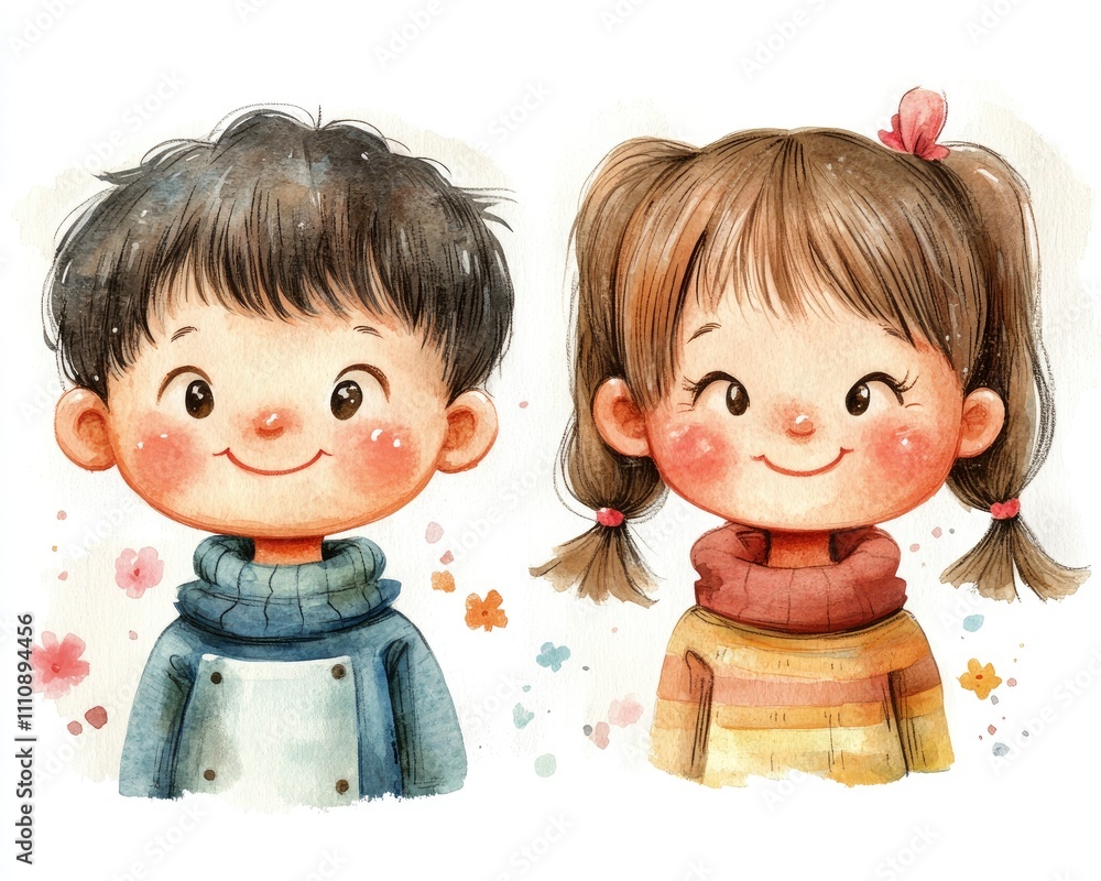 Two cheerful children illustrated in a playful, colorful style with floral accents. Two cheerful children illustrated in a playful, colorful style with floral accents.