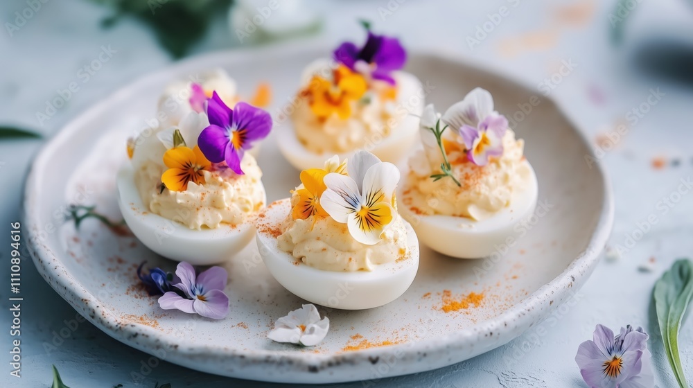 Gourmet deviled eggs with edible flowers on ceramic plate Gourmet deviled eggs with edible flowers on ceramic plate