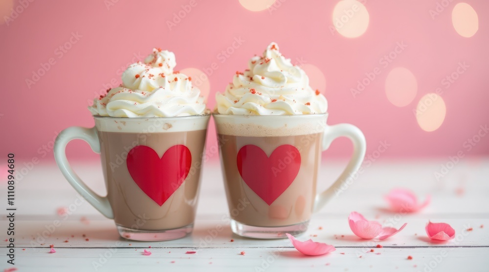 Cozy and romantic Valentine's Day scene with mugs filled with heart designs whipped cream and sprinkles, set against a pink Cozy and romantic Valentine's Day scene with mugs filled with heart designs whipped cream and sprinkles, set against a pink