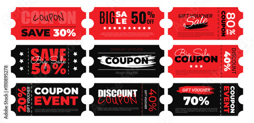 Isolated gift vouchers. Collection of black and red coupons. Set of coupons in flat style. Vector illustration.
