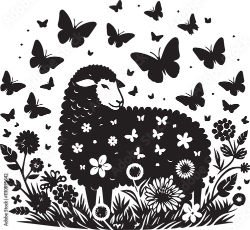 A cute sheep surrounded by black butterflies silhouette vector