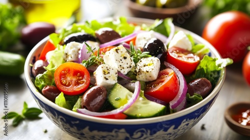 Photo of, A colorful bowl of Greek salad with crisp lettuce, ripe tomatoes