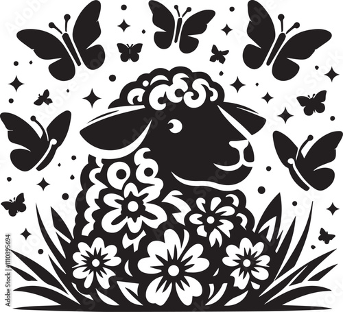 A cute sheep surrounded by black butterflies silhouette vector