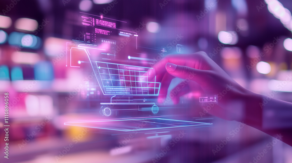 Virtual hand in online shopping, modern UI interface, computer and smartphone, enhanced user experience with technology Virtual hand in online shopping, modern UI interface, computer and smartphone, enhanced user experience with technology