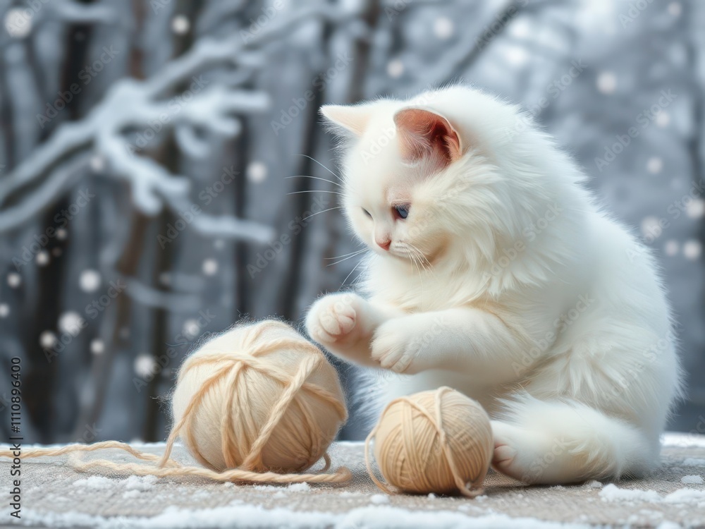 Fototapeta White cat playing with a ball of wool in the snow