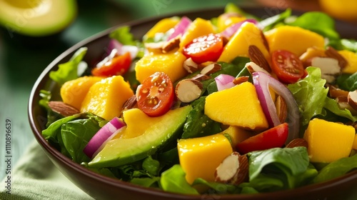 Photo of, A colorful bowl of mango and avocado salad with mixed greens, cherry tomatoes