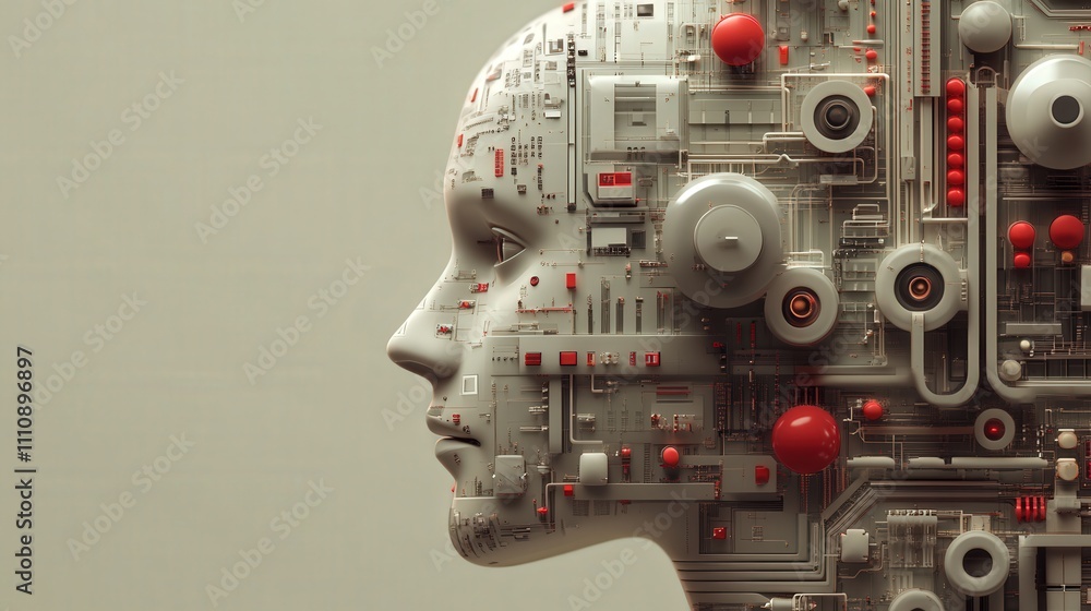 Fototapeta premium Futuristic Profile Illustration of Human Head Merged with Abstract Technology and Circuitry Elements, Symbolizing Artificial Intelligence and Innovation Concepts