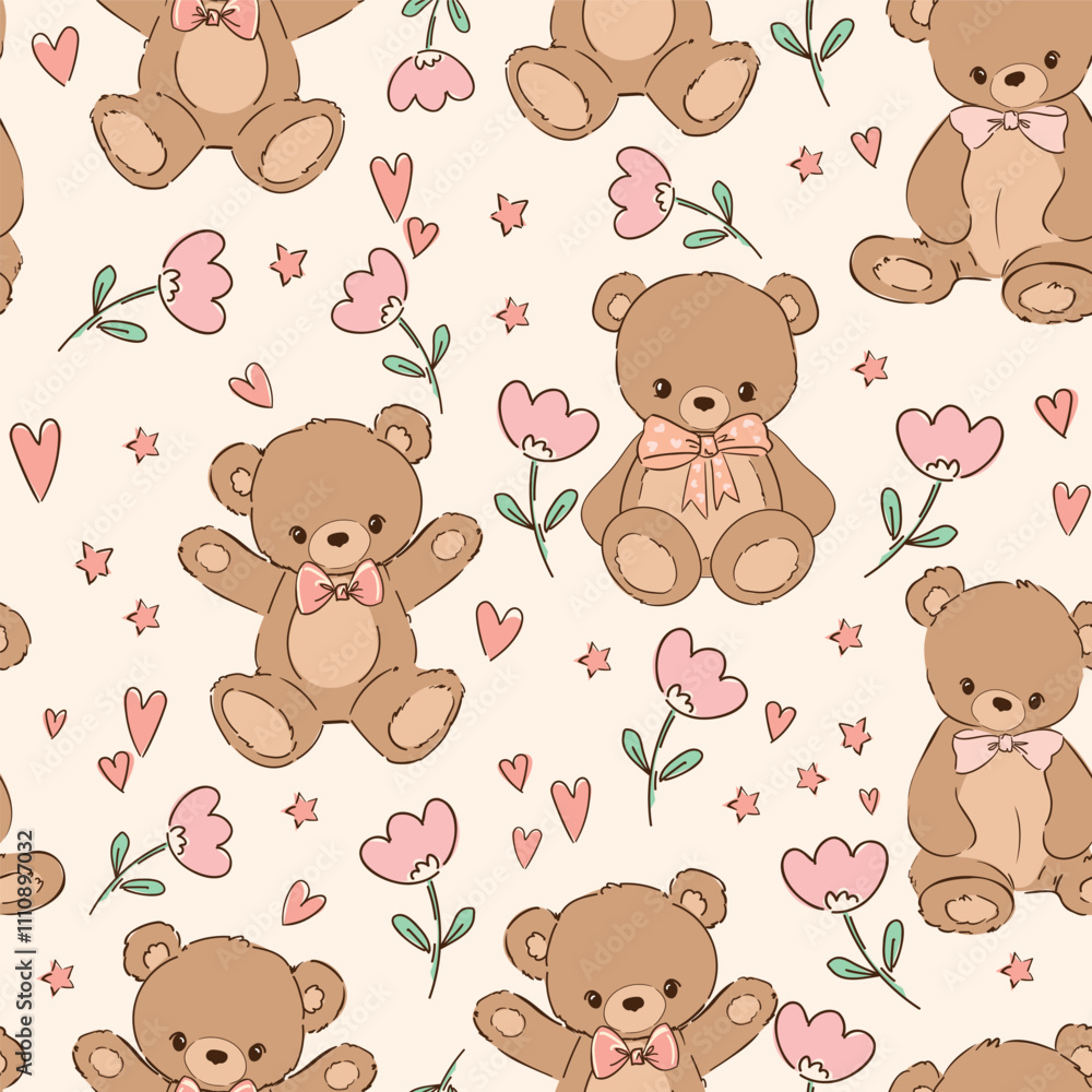 Cute Teddy Bear and flowers pattern seamless, vector illustration Hand Drawn Cute print design Cute Teddy Bear and flowers pattern seamless, vector illustration Hand Drawn Cute print design