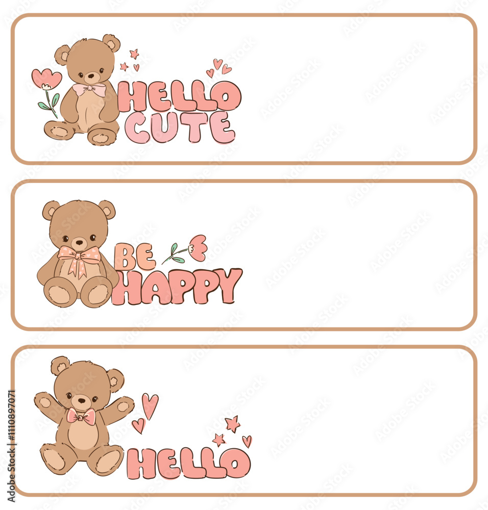 Obraz premium Set teddy bear and pink bow, vector hand drawn illustration, cute print design for kids, Banner Kids Theme Design