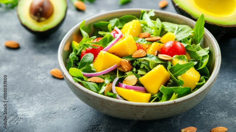 Photo of, A colorful bowl of mango and avocado salad with mixed greens, cherry tomatoes Photo of, A colorful bowl of mango and avocado salad with mixed greens, cherry tomatoes