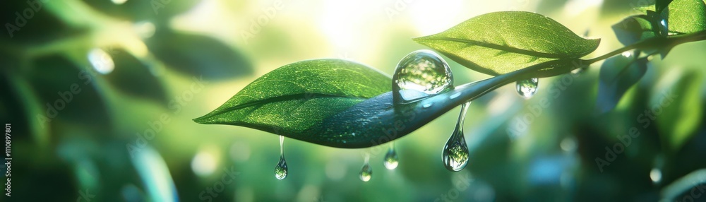 Fototapeta premium Illustrate a crystal-clear droplet of water gracefully sliding down a vibrant green leaf, symbolizing the essence of the water cycle