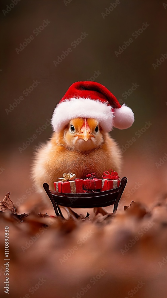 A fluffy chick wearing a Santa hat holds a small sleigh of Christmas gifts, evoking a festive spirit. A fluffy chick wearing a Santa hat holds a small sleigh of Christmas gifts, evoking a festive spirit.