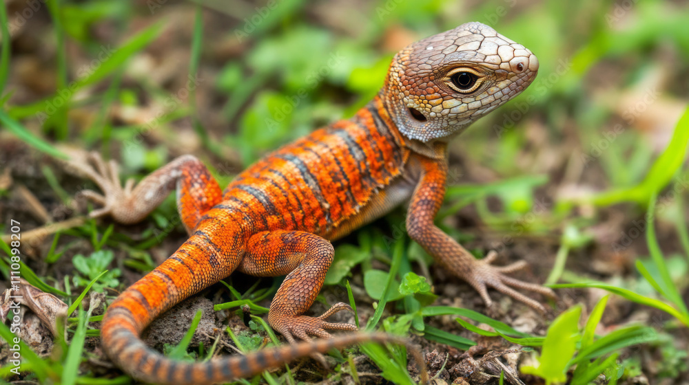 Fototapeta premium orange and brown lizard in the grass