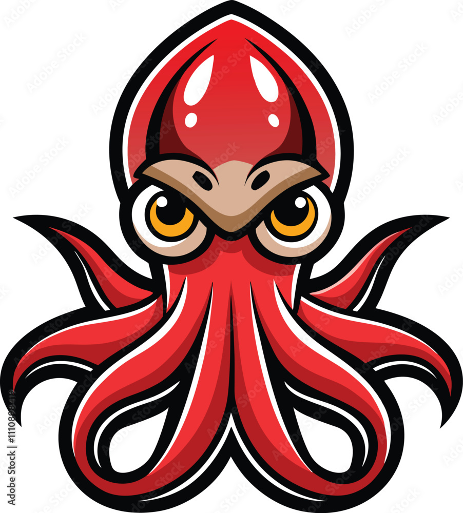 Fototapeta premium Red Angry Cartoon Squid Mascot
