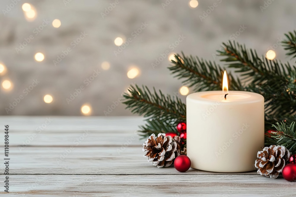 Serene candle surrounded by pinecones and festive decorations for a cozy ambiance. Serene candle surrounded by pinecones and festive decorations for a cozy ambiance.