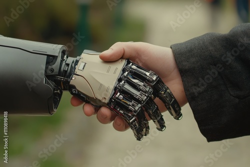 A human hand shakes a metallic robotic hand outdoors, symbolizing the future of human-robot partnerships in everyday environments. AI generated.