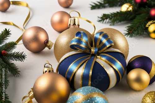 Stylish 2025 Christmas ornament featuring gold decorations on a vibrant blue background. Perfect for holiday celebrations and seasonal greetings