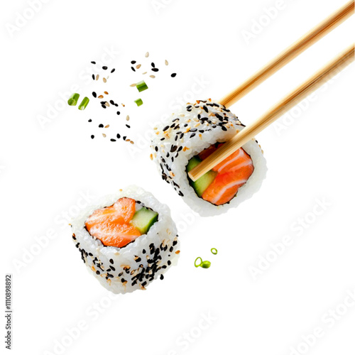 Chopsticks holding sushi flying in the air isolated on a transparent background