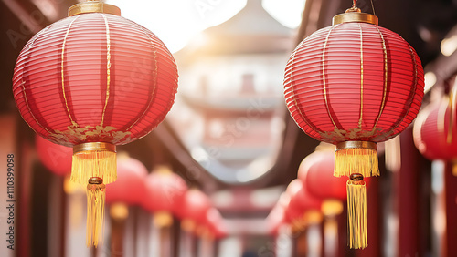 Chinese new year lantern in chinatown area. Buildings are in the background.
 photo