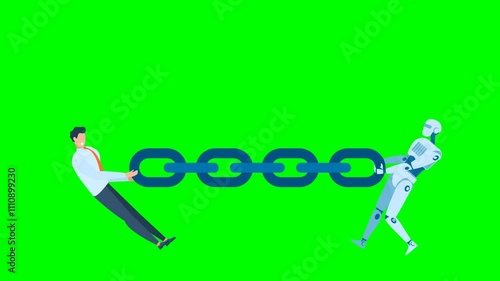 Human and robot competition in business. Businessman tug of war battle vs robot. Character tear chain with AI robot. Human vs cyborg competition, robotization. 2d flat animation. Alpha channel photo