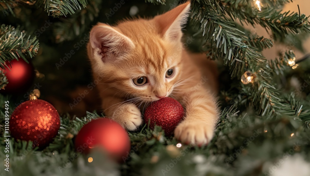 Close-Up of Adorable Kitten Playing with Christmas Ornaments. Capturing Curious and Playful Nature in High Resolution. Close-Up of Adorable Kitten Playing with Christmas Ornaments. Capturing Curious and Playful Nature in High Resolution.