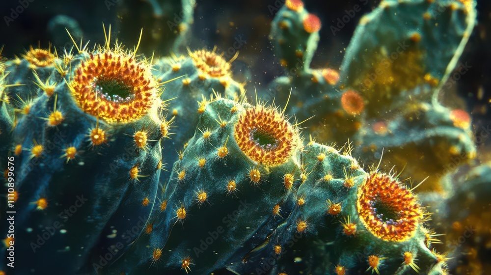 Illustrate a mesmerizing close-up of a cactus adapted stomata structure in a photorealistic 3D CG format Illustrate a mesmerizing close-up of a cactus adapted stomata structure in a photorealistic 3D CG format