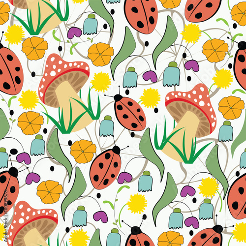 Summer seamless pattern with mushrooms flowers and ladybugs with white background