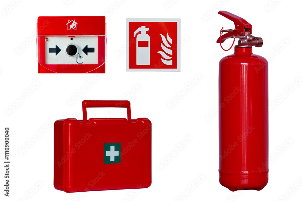 Obraz premium fire extinguisher, first aid kit, fire alarm button and safety sign isolated on white background