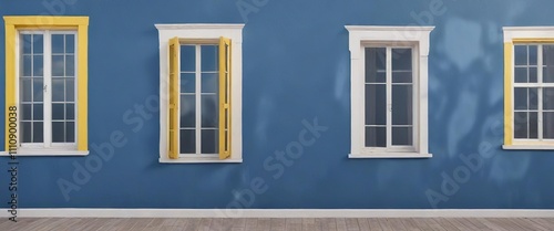 Blue and yellow painted wall with contrasting white window frames in a small cottage, rustic decor, white trim, blue