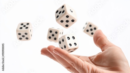 A hand is tossing several dice into the air against a white background, capturing a moment of chance and playful risk.