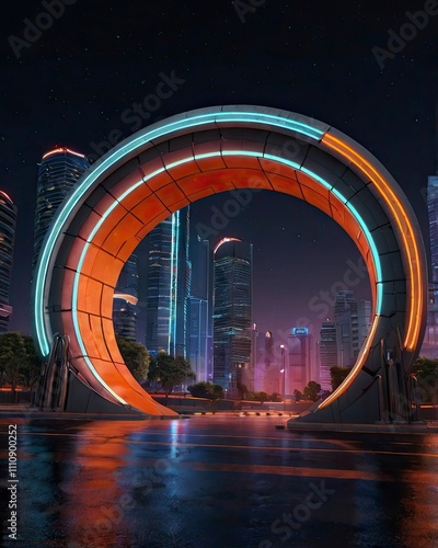 Neon arch dengan asap, Orange bersinar portal, futuristic circle gate, panggung sihir dengan uap. Ilustrasi vektor photo