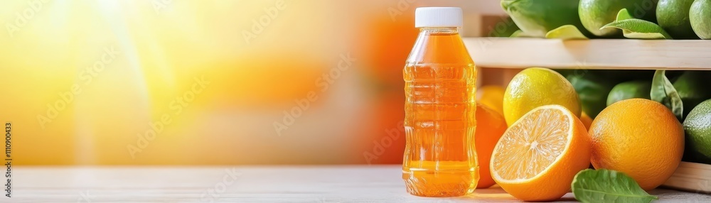 Revitalizing citrus burst, fresh lemons and bottle of orange juice on rustic wooden table Revitalizing citrus burst, fresh lemons and bottle of orange juice on rustic wooden table